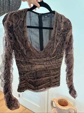 ZARA Brown Snake-Print Ruched Long-Sleeve Blouse